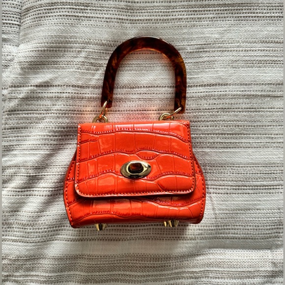 Handbags - Orange Croc-Embossed Handbag with Resin Tortoise Handle & Removable Gold Chain